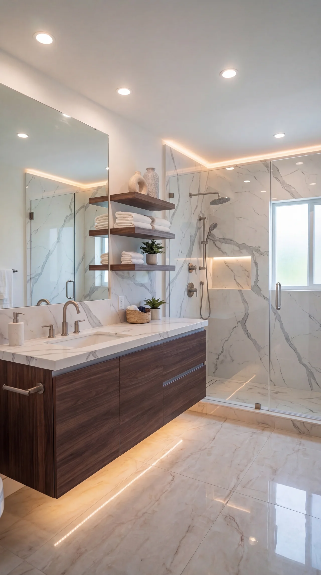 Bathroom with open shelving and glass shower