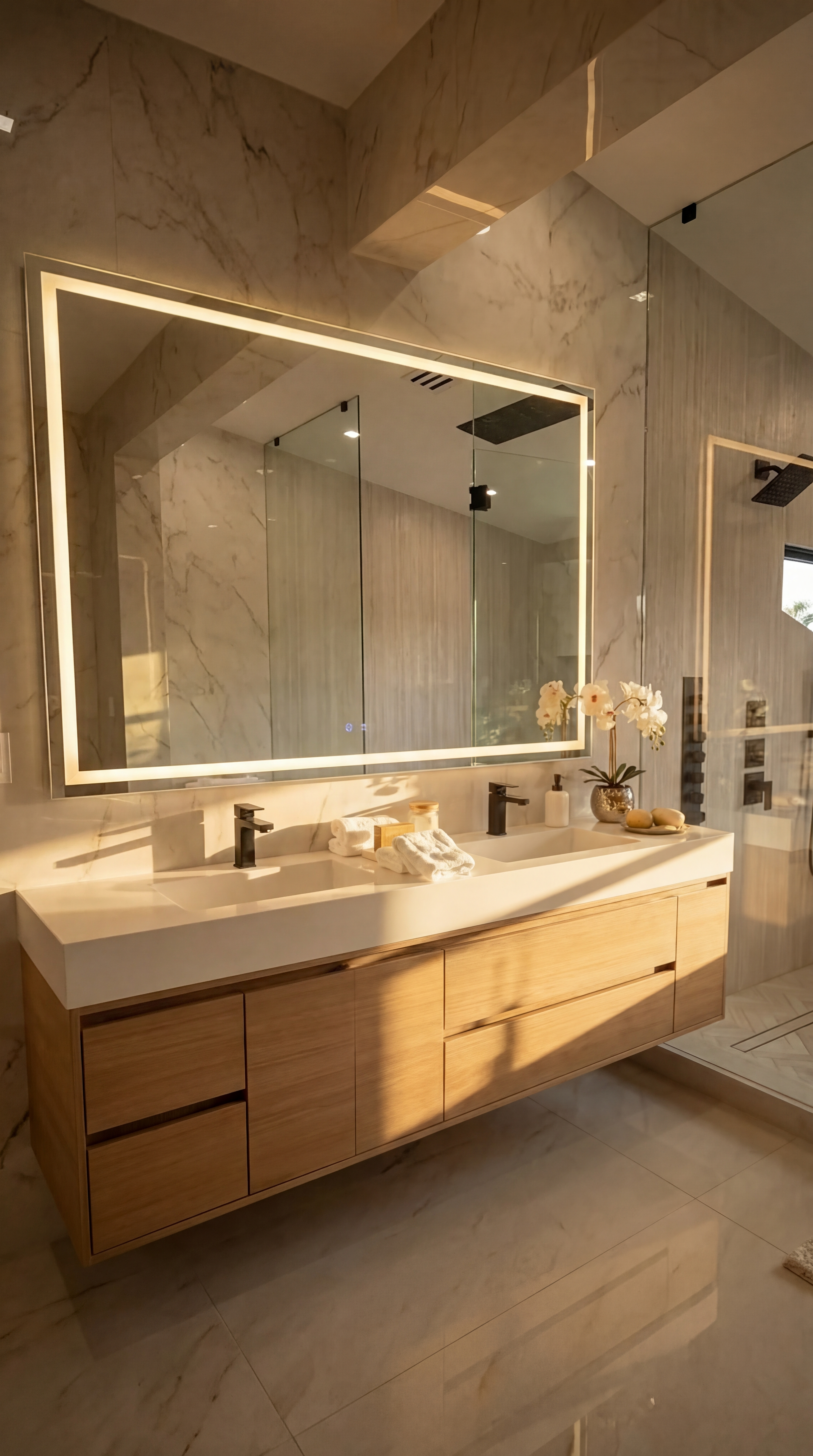 Floating double vanity with LED mirror