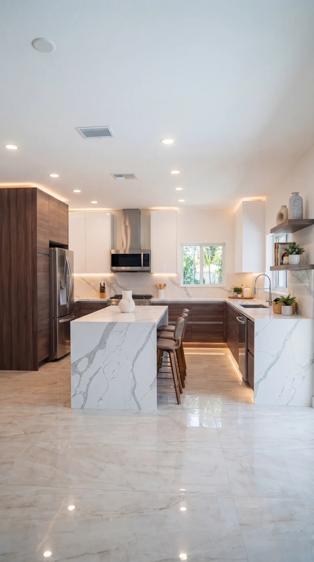Modern kitchen with marble waterfall island